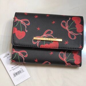 ALDO Jonay Black & Red Bow, Cherry Heart & Star Print Trifold Wallet NWT